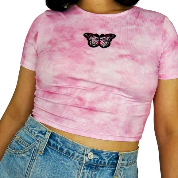 Verge Girl 8 Birdies Y2k Pink Tie Dye Embroidered Butterfly Crop Top Medium - Picture 5 of 6